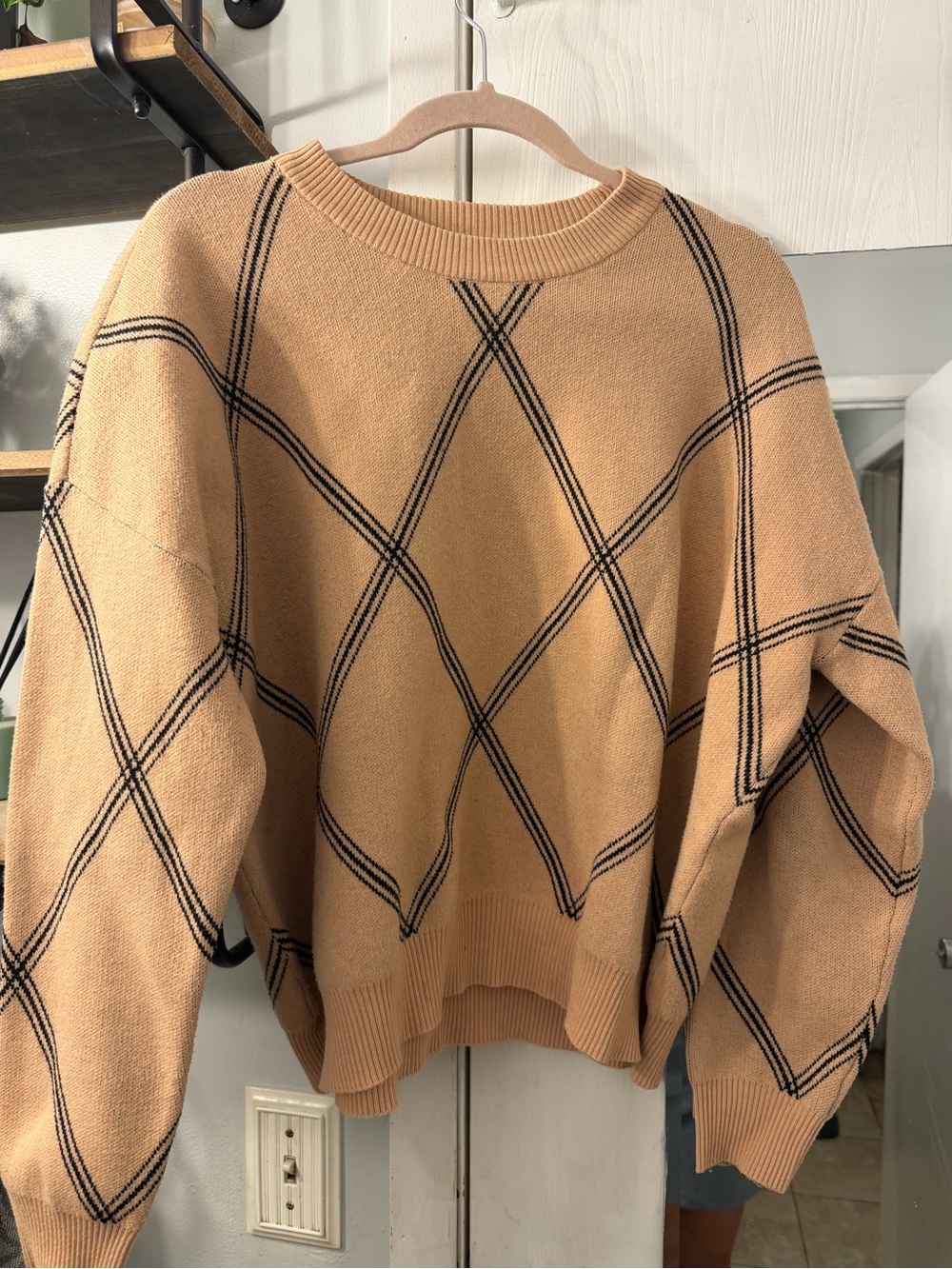 Tahari Camel Crewneck Sweater with Black Diamond Grid